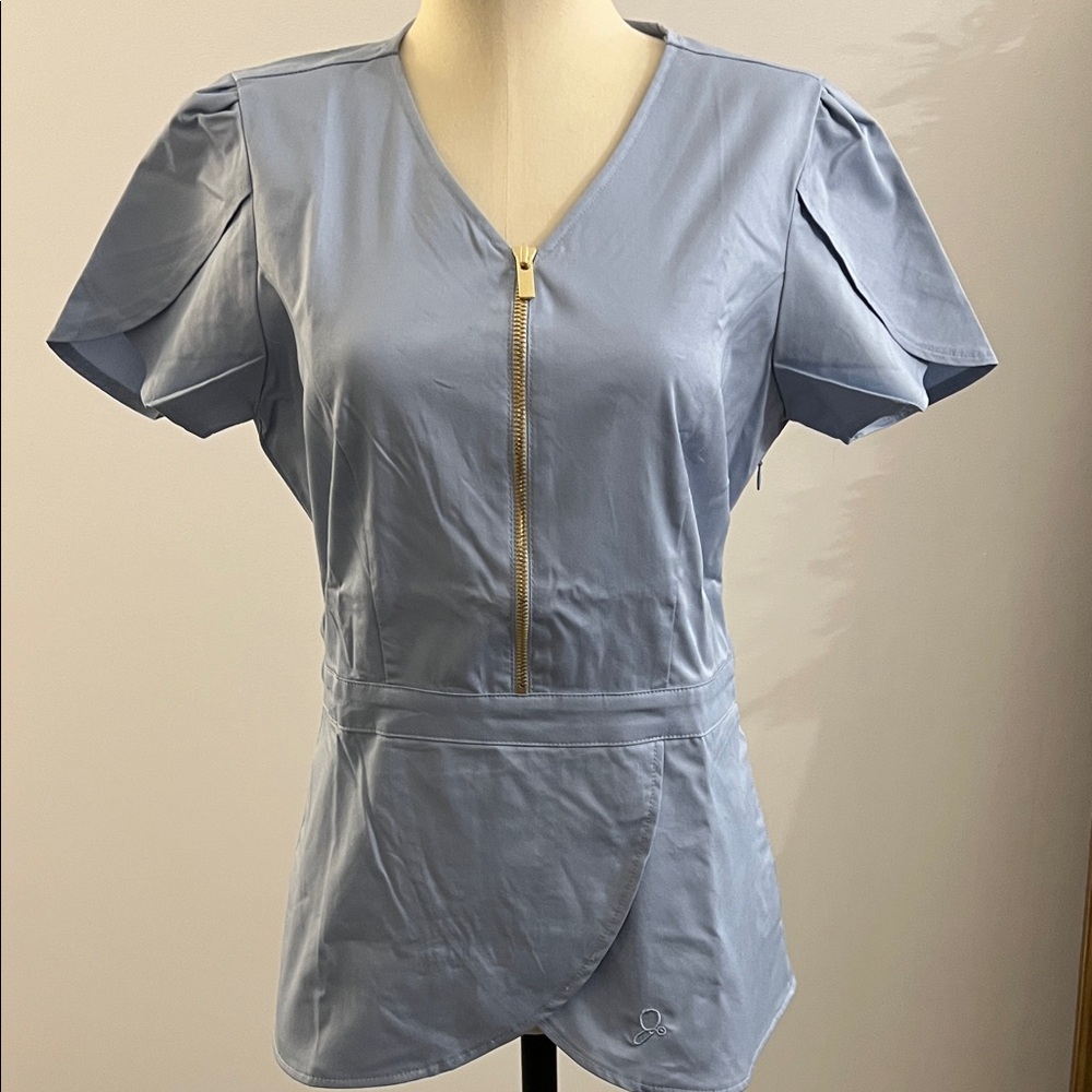 Jaanuu Blue Lavender Zippered Peplum Women's Scrub Top